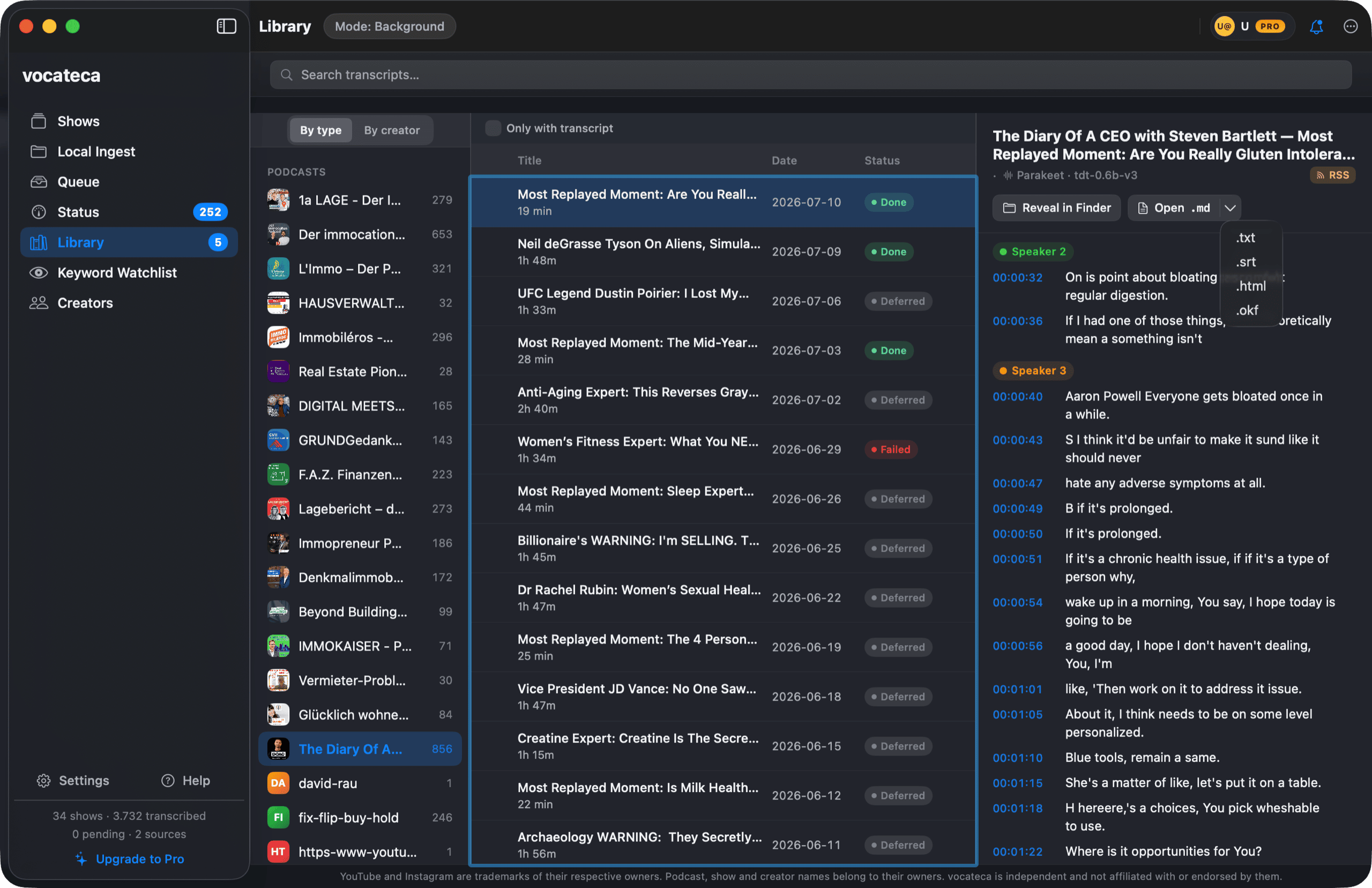 The Vocateca export dialog offering Markdown, SRT, OKF and other formats