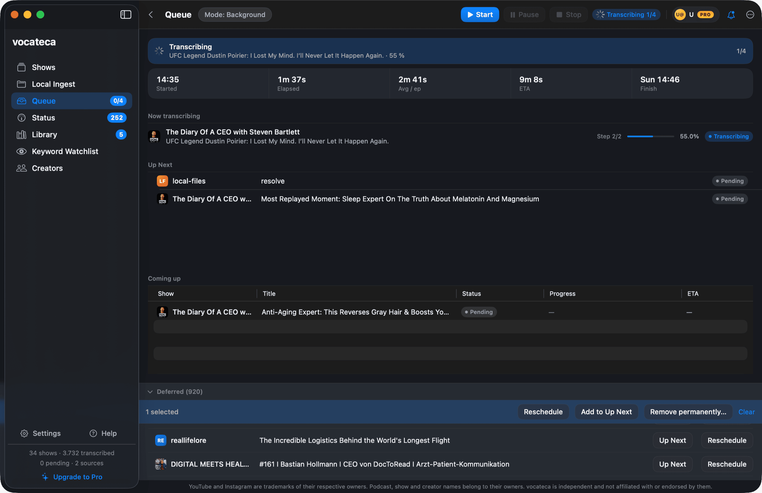 The Vocateca download and transcription queue processing new episodes